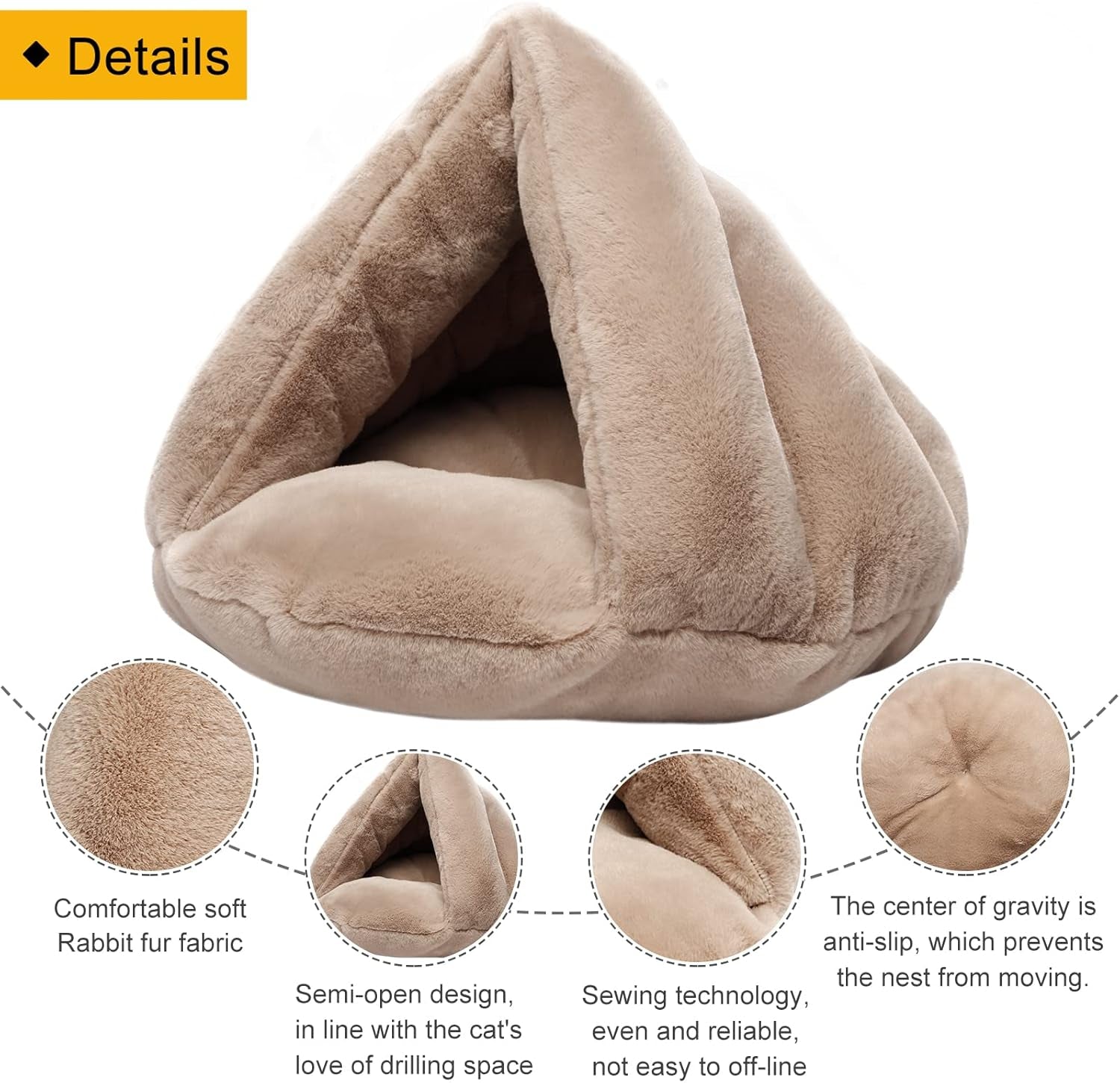 Soft Warm Cat Bed for Winter Cat Tent Self-Warming Sleeping Bed for Cats Fleece Pet Cave Bed for Winter Pets Puppy Indoor Pet Triangle Nest (Camel)