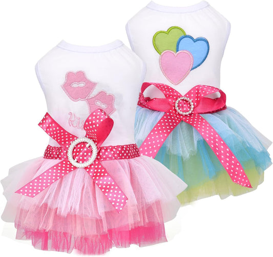 Dog Dress for Small Dog Girl Yorkie Chihuahua Clothes Pet Puppy Lace Tutu Vest Skirt Dog Princess Costume Clothing,Set of 2 (Green + Pink, X-Small)